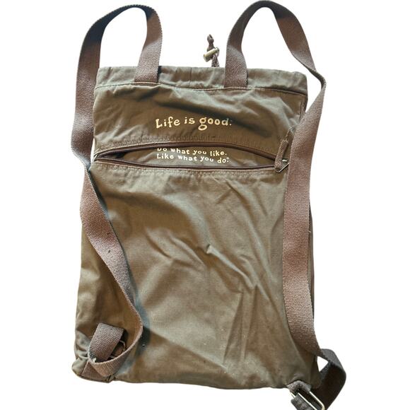 GUC Life Is Good Olive Green Drawstring Backpack 12" x 16" - Picture 2 of 2